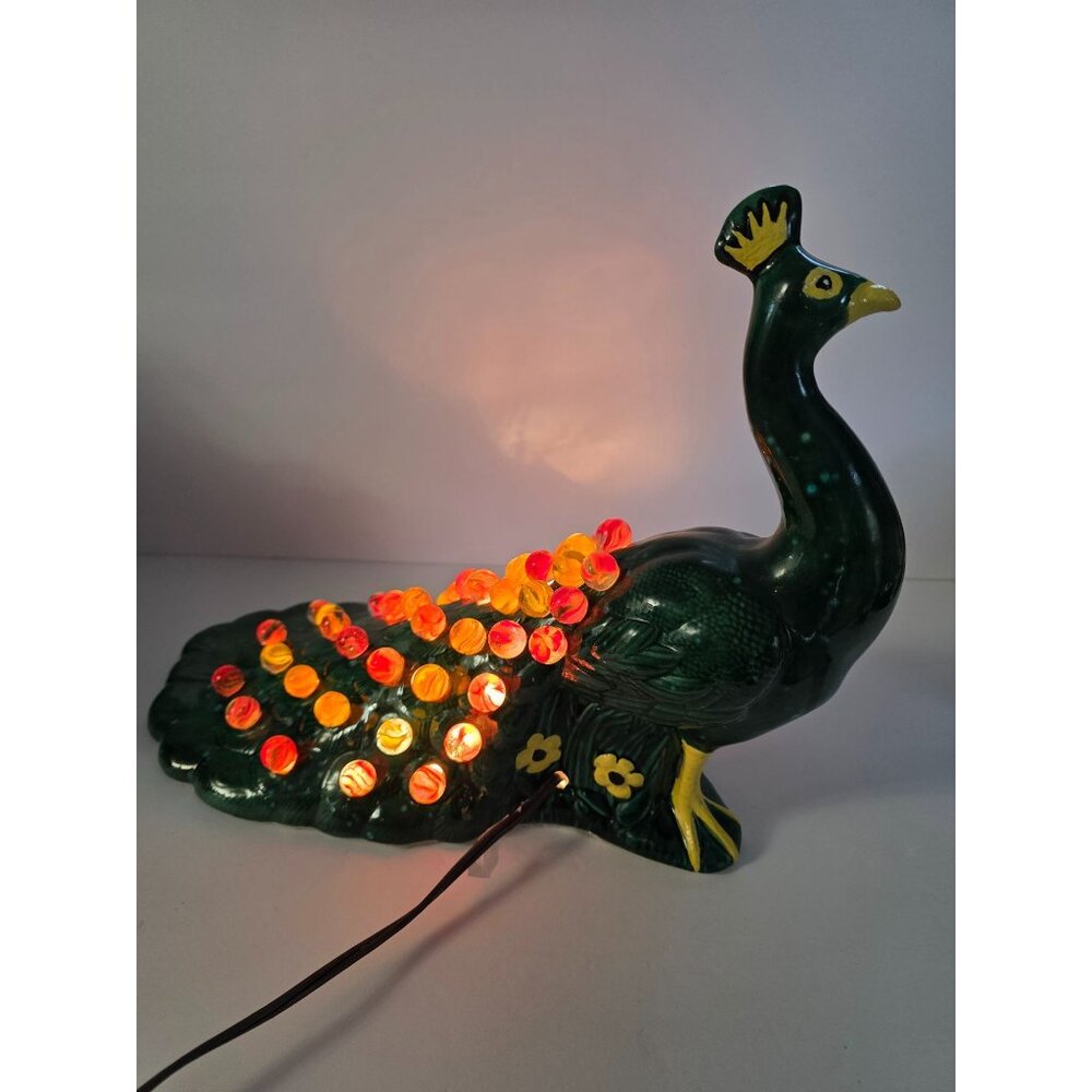 Vintage Ceramic Peacock Table Lamp With Colorful Bead Glass Tail